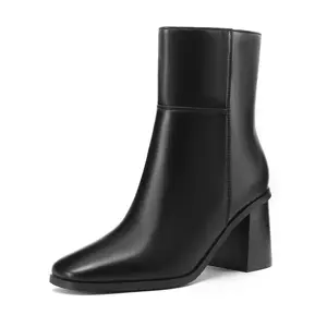 Women Ankle Boots Square Toe Mid Stacked Chunky Heel Booties
