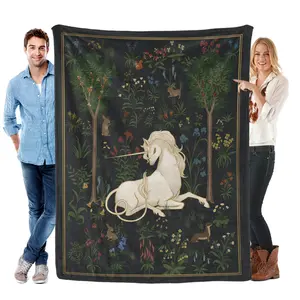 Medieval Unicorn Tapestry Flannel Blanket Vintage Art Design Soft Throw for History Enthusiasts Thanksgiving Birthday Christmas Gift