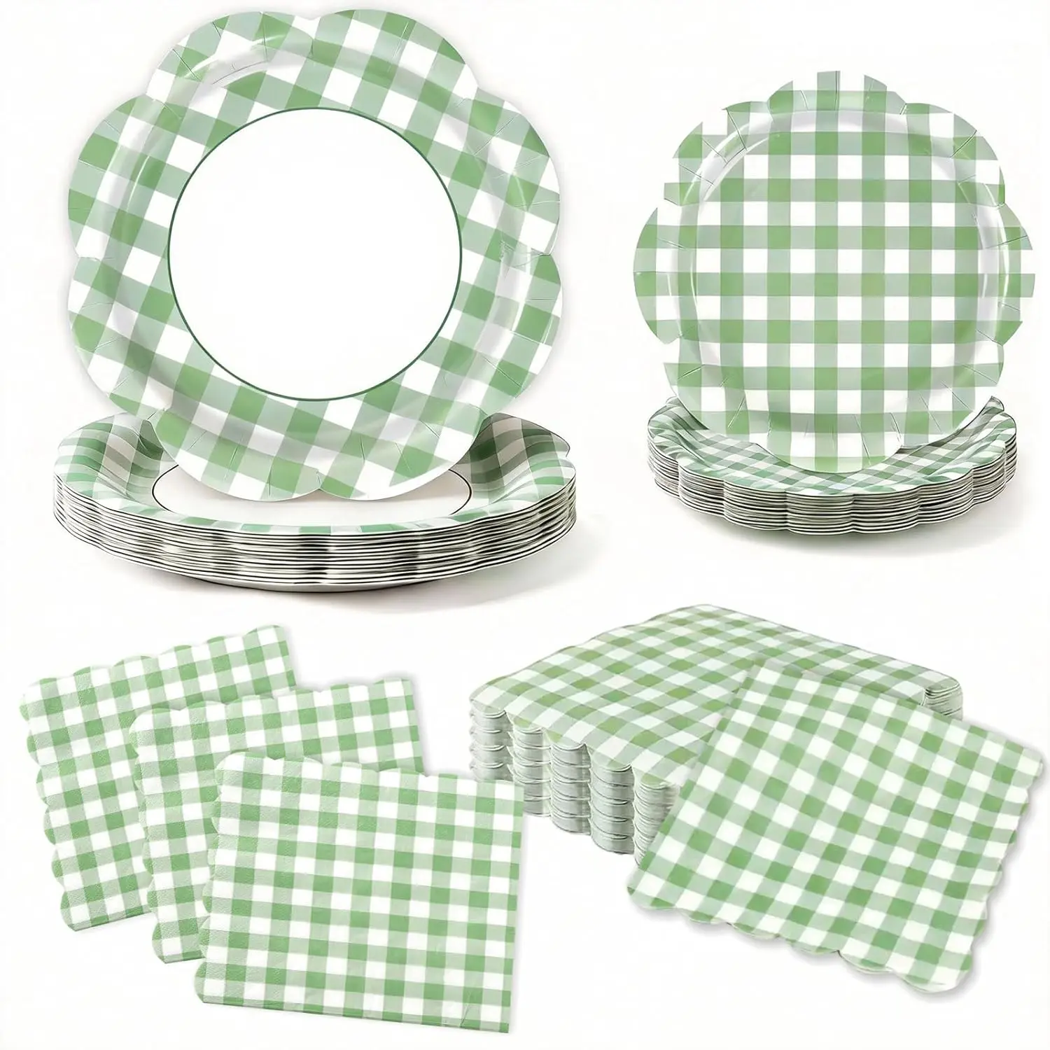 60 Pcs Green Gingham Party Supplies Set with Scalloped Plates & Napkins for 20 Guest