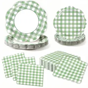 60 Pcs Green Gingham Party Supplies Set with Scalloped Plates & Napkins for 20 Guest