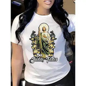 1pc Women's White Casual T-Shirt with Saint Jude Thaddeus Religious Art Print - Floral Halo Design, Faith-Inspired Graphic Tee, Machine Washable, Perfect Holiday Gift, Spiritual Clothing | Faith Expression Top | Comfortable Fit