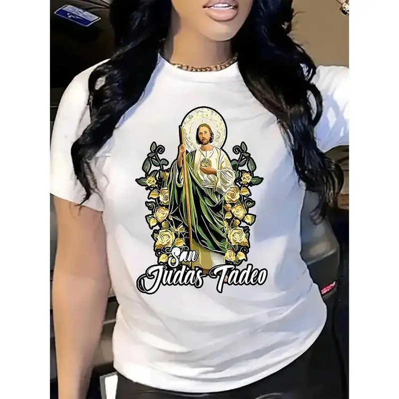Women's Saint Jude Thaddeus Saints Graphic Loose-Fit Round Neck Short-Sleeve T-Shirt, Casual Faith-Inspired Spiritual Gift, Machine-Washable All-Season Religious Art Print Top, Saints Graphic Women's T-Shirts