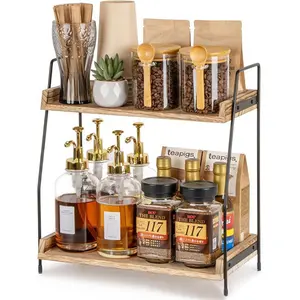 2 Layer Wooden Coffee Bar Storage Rack, Polished Surface Metal Frame, Multi-Purpose Kitchen & Bathroom Shelf, Farmhouse Style Display Tray
