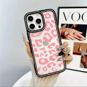 A pink spotted double-sided phone case adorned with diamonds, suitable for iPhone 17/16/15/14/13/12/11 Pro Max models. This soft case is shockproof, stain-resistant, and decorated with diamond embellishments.