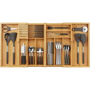 Expandable Silverware Drawer Organizer with Removable  Blocks,  Kitchen Utensil Holder from 21" to 36", Large Cutlery Tray with Divider for Forks, Spoons,