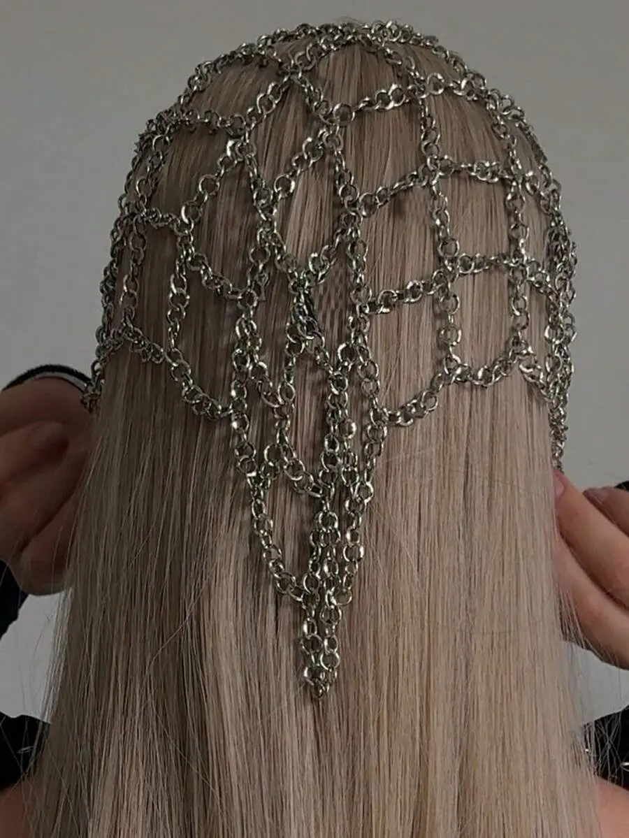 1pc Silver Metal Chain Headpiece, Y2K Punk Gothic Style Draping Hair Chain, Layered Chain Back Head Chain, Suitable For Women's Music Festival, Party, Nightclub, Performance Styling Personalized Hair Accessory