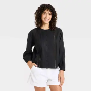 Women's Balloon Sleeve Lace Trim Blouse - A New Day