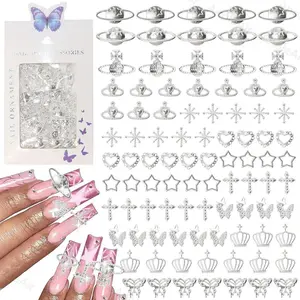 110 Pcs Silver Nail Charms, Cross Star Crown Nail Charms and Gems, 3D Butterfly Bows Saturn Planet Y2K Nail Art Charms, Alloy Silver Nail Bows Charms for Acrylic Nails DIY Supplies