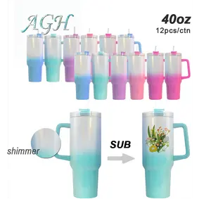 AGH US Warehouse 40OZ shimmer ombre sulimation blank handle tumbler with lid straw keep cold coffee travel mug Water Bottles Portable #40oztumbler