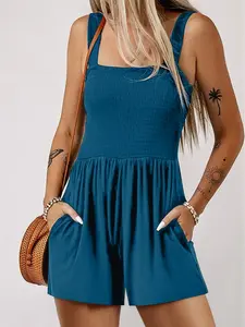 Casual Pocketed Smocked Sleeveless Romper, Casual Style Square Neck and Side Pockets.