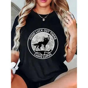 Women's Wolf Graphic T-Shirt - Good Luck Out There Canis Lupus, Casual Outdoor Hiking Streetwear, Lucky Mountain Wolf Print Tee 100% Cotton T-shirt