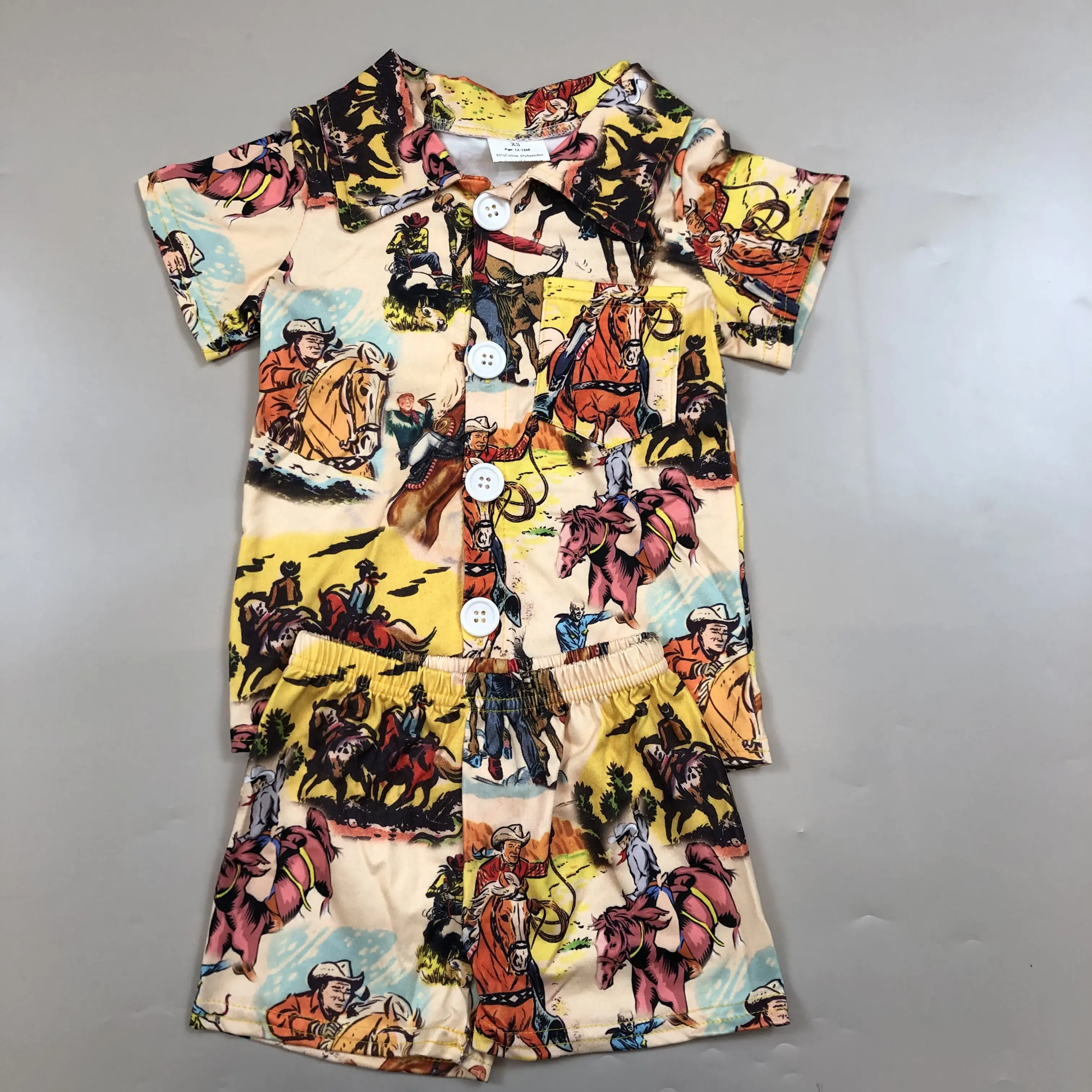 Boys' Western Horse Print Shorts Set, 2-Piece Summer Sleepwear Outfit with Short Sleeve T-Shirt, Soft Cotton Blend, Sleepwear Set