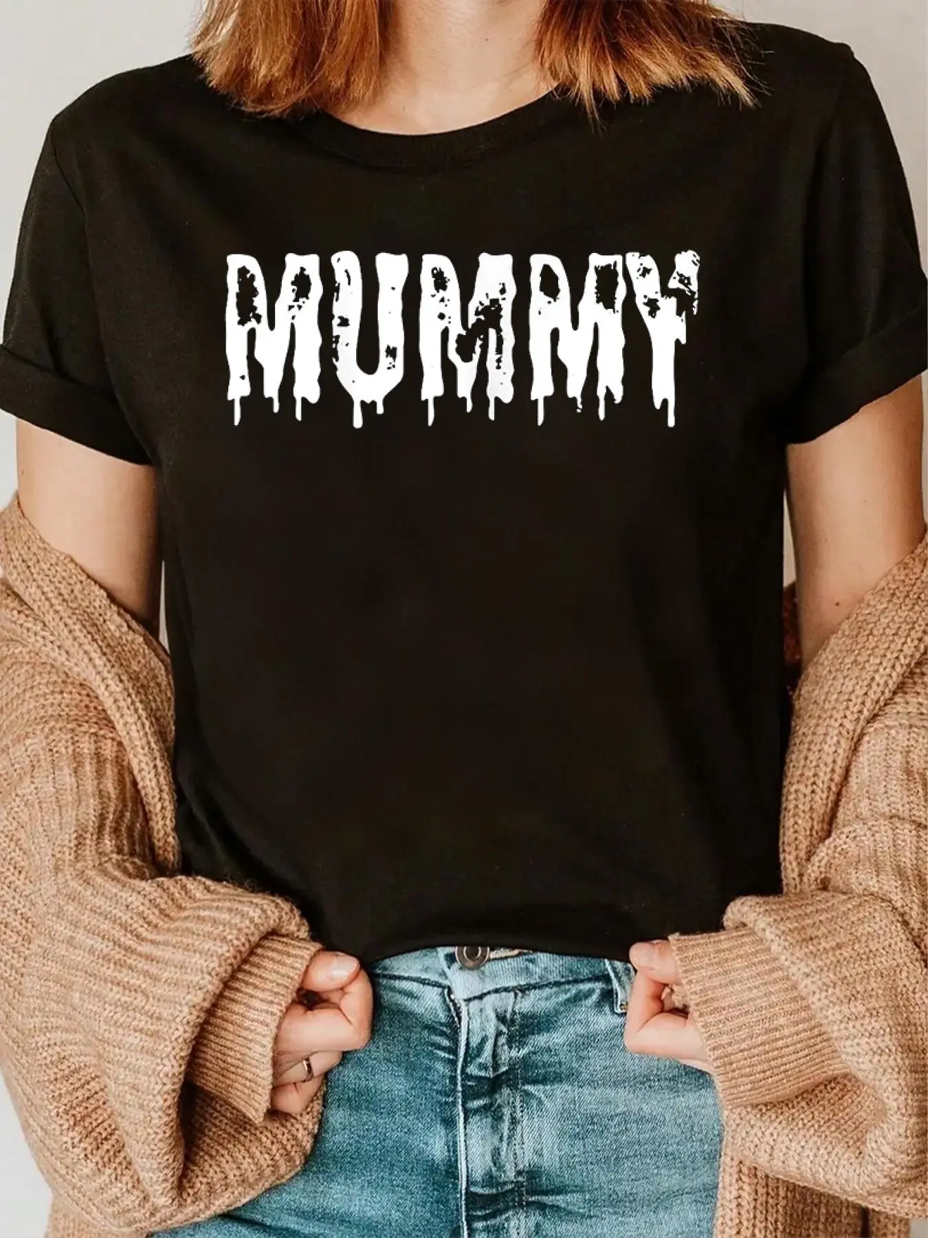 100% cotton Couples Halloween MUMMY Mommy Women Funny Costume Mom T-Shirt Print Crew Neck Casual T-shirt short Sleeve Sports Top, Smart Casual/street Style Women's Clothing