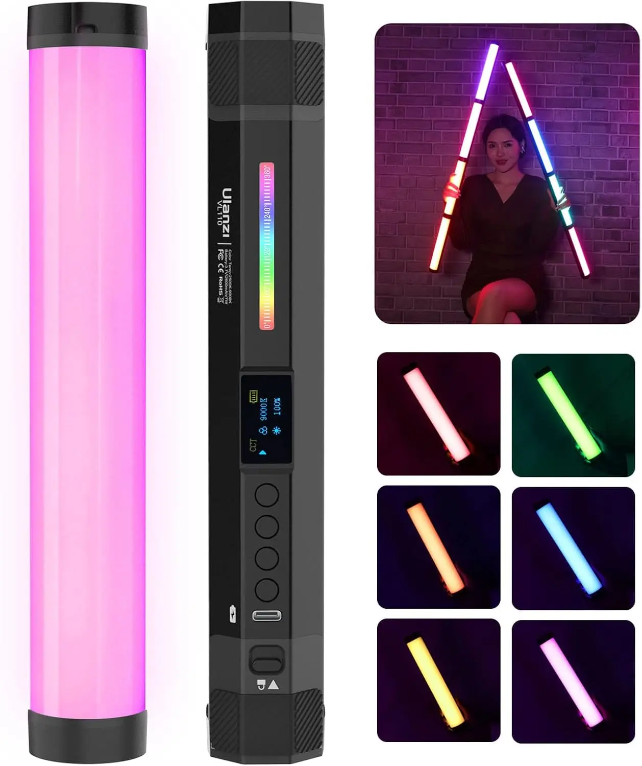 VL110 RGB Light Wand, Handheld Light Stick Camera LED Video Tube Light Bar, 2500-9000K Dimmable, 2600mAh Battry CRI 95+ with  Attraction for Photography Vlog TIK Tok