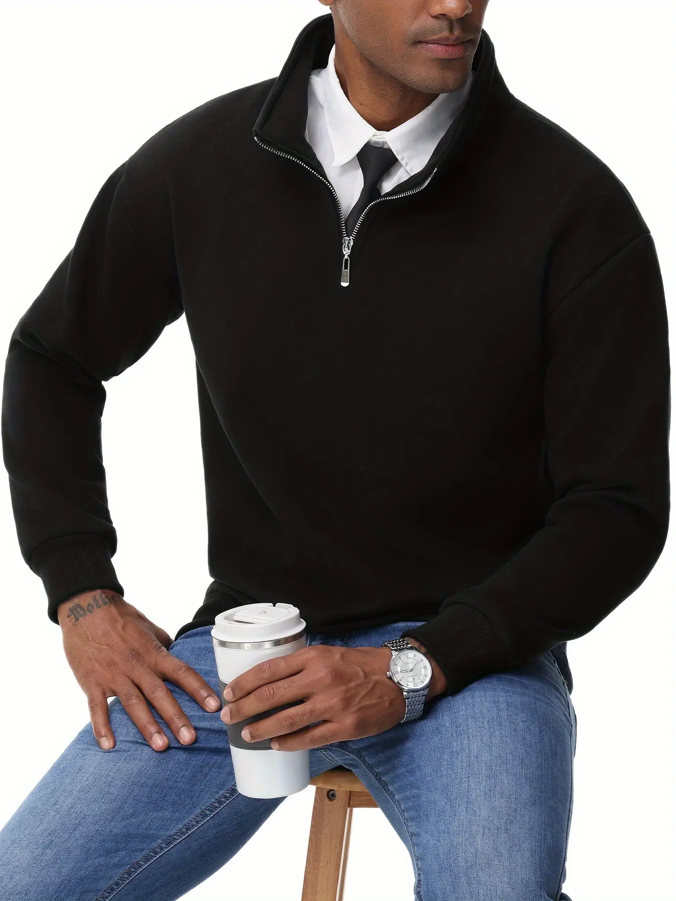 Menswear plain Cotton-Blend Collared Quarter Zip Casual Pullover, Stylish Regular Fit Long Sleeve medium Stretch Thermal Sweatshirt Knit Fabric