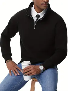 Menswear plain Cotton-Blend Collared Quarter Zip Casual Pullover, Stylish Regular Fit Long Sleeve medium Stretch Thermal Sweatshirt Knit Fabric