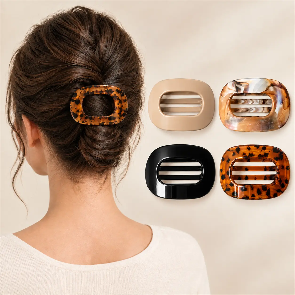Female 4-Pack Minimalist Matte Flat Claw Clips - Non-Slip Strong Hold Accessories Kit, Flat Twist & Spring Loaded Hair Clips, French Style for Thick & Thin Hair, Everyday Use (Tortoiseshell, Black, Beige, Ivory)