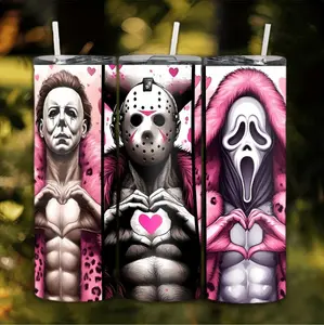Stainless Steel Insulated Tumbler with Lid and Straw Featuring Iconic Horror Character Designs Ideal for Hot and Cold Beverages Perfect Gift for Horror Enthusiasts