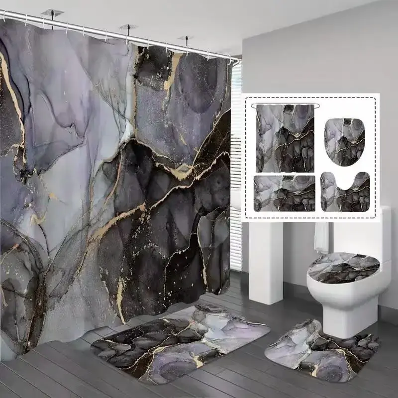 Marble Pattern Shower Curtain Set, 4 Counts/set Waterproof Bath Curtain U-shaped Mat and Toilet Cover Mat Set, Bathroom Accessory Decoration Accessories