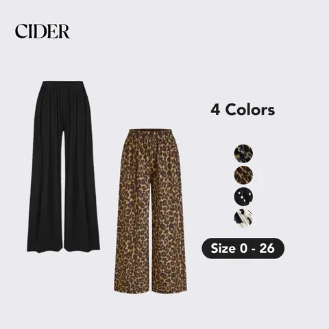 Cider Mid Rise Elastic Waist Leopard Wide Leg Trousers