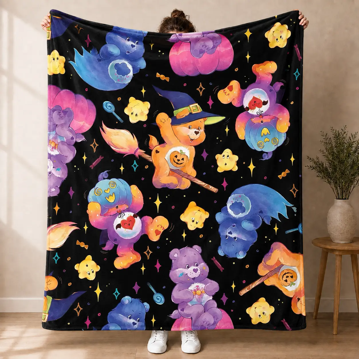 Halloween Strawberry Shortcake Care Bears Blanket, Cute Witch Bear Plush Throw, Colorful Pumpkin Ghost Star Pattern, Cozy Halloween Home Decor, Spooky Cute Gift for Kids, Teens and Anime Lovers