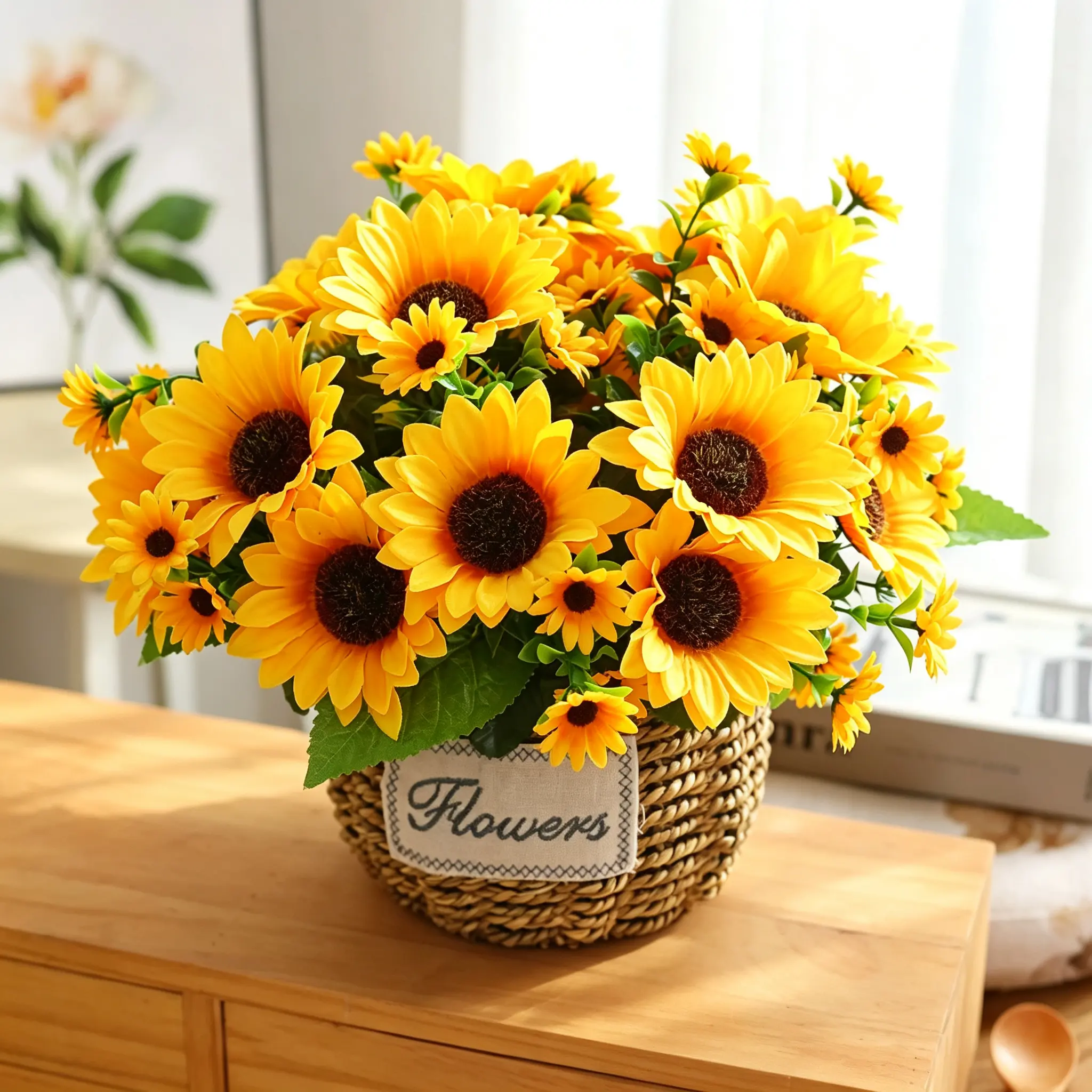 Lifelike Artificial Sunflower Bouquet, Silk Faux Flower Arrangement, Creative Floral Table Decor for Home Indoor Ornament