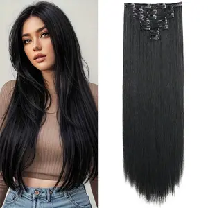 Black Straight Clip In Hair Extensions Heat Resistant Synthetic 24Inch Invisible Seamless Clip On Hair For Women Daily Wear