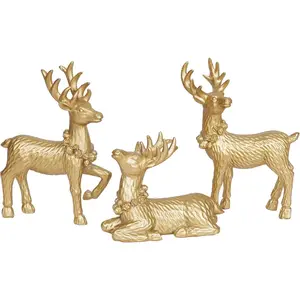 Gold Christmas Reindeer Decor Set of 3 Resin Standing Deer Figurines Elk Sculpture Centerpieces for Home Tabletop Shelf Elegant Xmas Deer Statue Artificial Animal Table Decorations