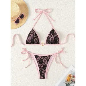 Color Contrast Lace Decorated Bikini Set for Swimming Women Summer Beach