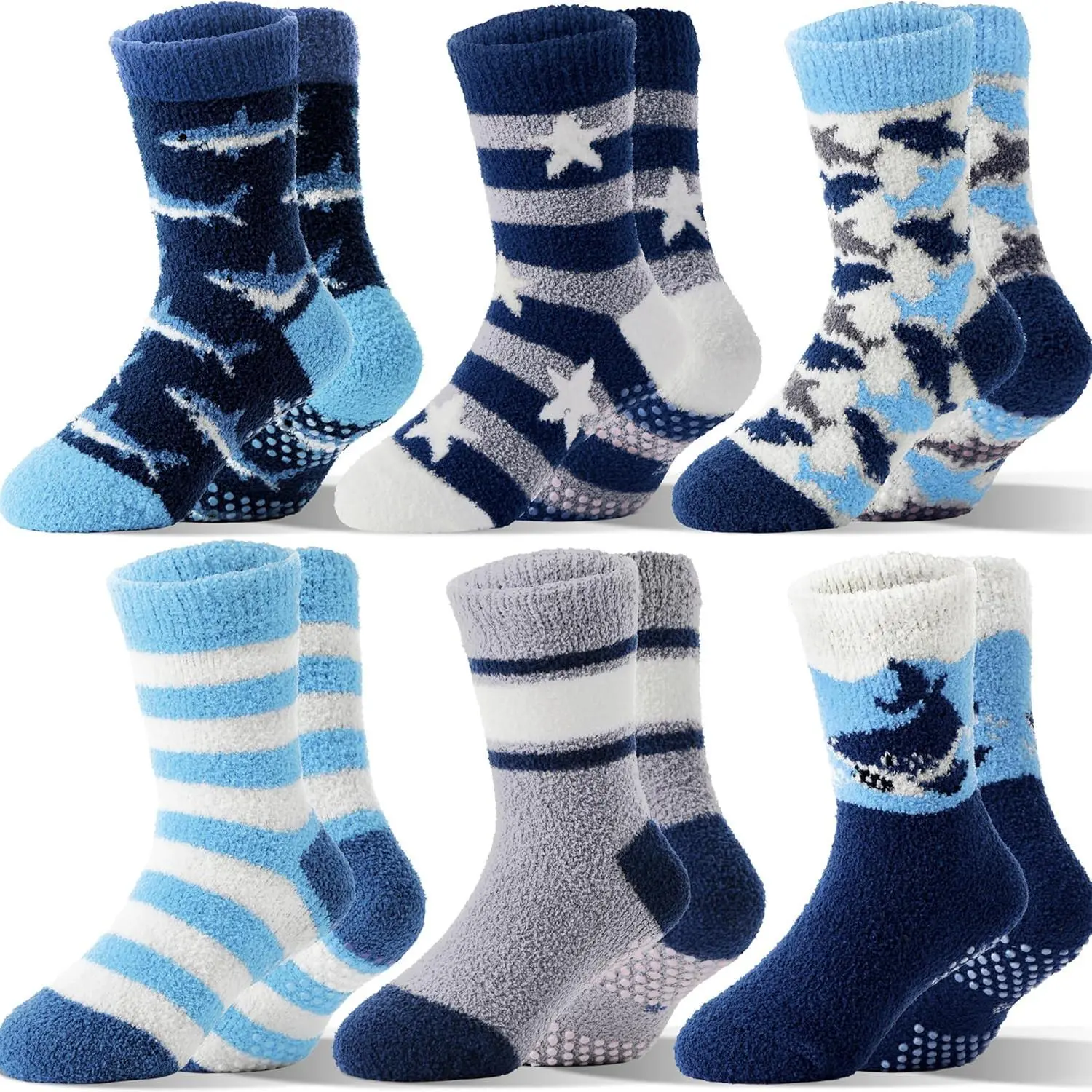 F-SOK04  Boys Kids Toddlers Fuzzy Grips Socks Non Slip Cozy Fluffy Warm Winter Crew Cabin Fun Slipper Socks 6 Pairs, White Elephant Gifts, Birthdays, 1-3T, 4-7 Years, Anti-Slip