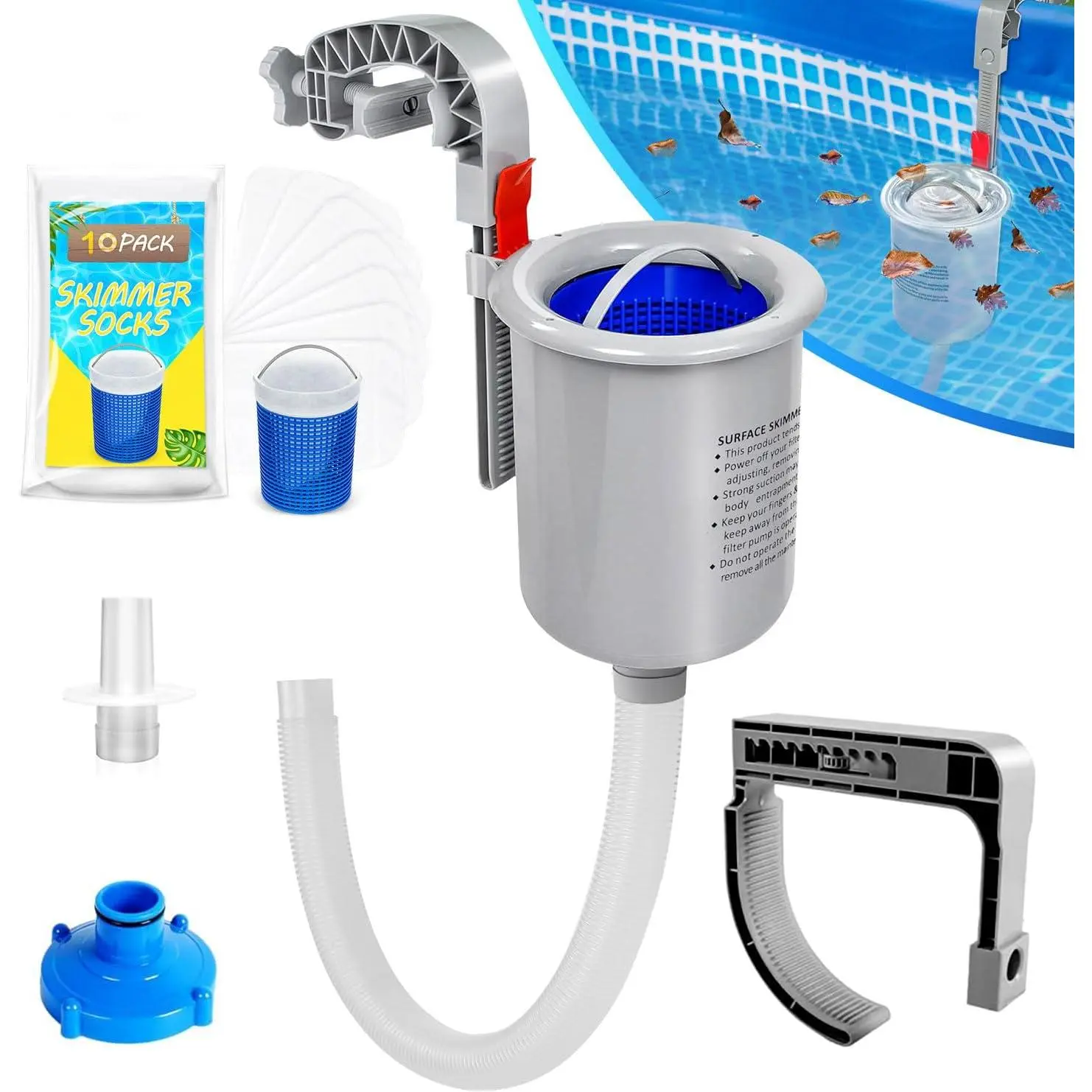 Above Ground Pool Skimmer with 10 count Skimmer Socks, Floating Pool Surface Skimmer Basket for Above Ground Pool, Compatible with Intex Inflatable Pools, Efficiently Removes Leaves Debris