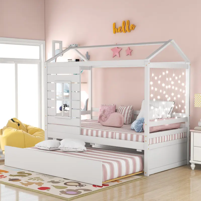 Twin Size Solid Pine Daybed with Trundle - Sturdy Wooden Bed Frame, 80"x41.2"x74", Guardrails Safe, Playhouse Look, Space-Saving Indoor Furniture, White, Requires Some Assembly