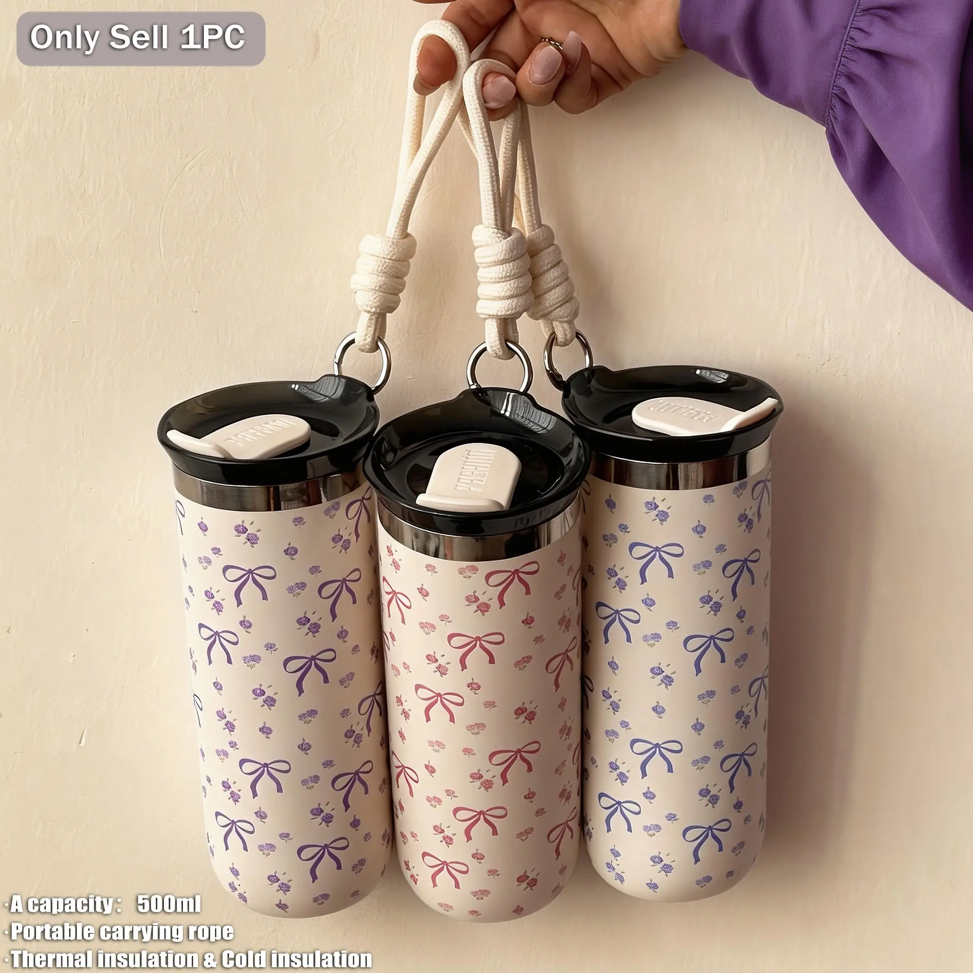 500ML Rose Pattern Butterfly Cup, Stainless Steel Insulated Cooler, Handle Vacuum Bottle, Silicone Straw, Portable Outdoor Office Home School Car Gift, Vacuum Insulated Tumbler, Insulated Travel Tumbler, Insulated Water Cup