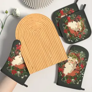 4pcs Heat Resistant Oven Mitts And Potholders Festive Santa Christmas Oven Mitts And Pot Holders Sets Suitable For Kitchen Decoration, Cooking, Grilling, Baking And Great Holiday Camping Picnics Gifts