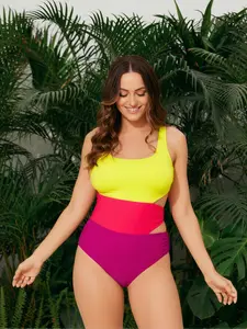 Neon Color Block One Piece Swimsuit - Square Neck + Side Cutout + High Cut