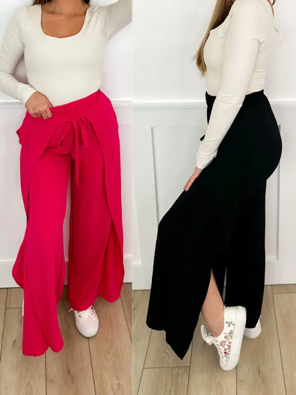Women's High Waist Palazzo Pants - Breezy Crinkled Trousers with Flowing Legs, Lightweight Loose-Fitting with an Elastic Waist, Clothes, Casual