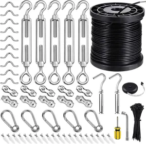 String Light  Kits, 250FT Coated Stainless Steel 304 Wire Rope, Outdoor Light Guide Wire, Globe String Light Suspension Kit Included Turnbuckles,  Accessories, Use Manual