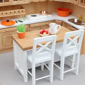 3pcs Wooden Table and Chairs Set 1:12 Miniature Kitchen Dining Room Furniture for Dollhouse, Simple Living Room Decor Perfect Gift