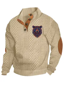 Men's animal jacquard hoodie, quarter button, long sleeve stand collar pullover, variety animal prints, winter daily holiday wear, polyester fiber material, street style casual wear, suitable for spring, autumn winter seasons, Casual Fashion Sweatshirt