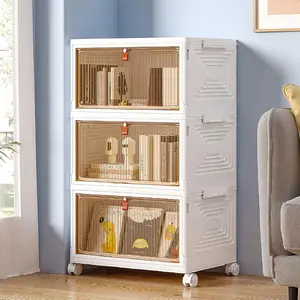 3 Tier Storage Bins with Lid, Stackable Storage Boxes with Magnetic Doors & Wheels, Foldable Storage Containers, 23 QT Closet Organizers and Storage for Living Room, Office, Dorm