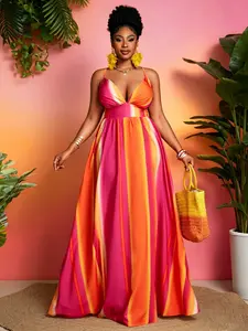 Women's Plus Size Gradient Striped Midi Dress, Sleeveless Deep V Neck Empire Waist Fringe, Casual Tropical Vacation Dress
