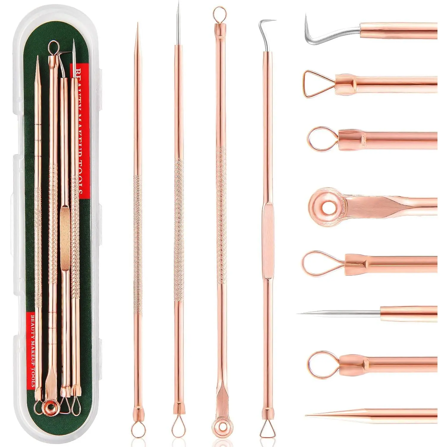 4-Piece Pimple Popper Tool Kit, Rose Gold Stainless Steel Comedone Extractor for Face - Blackhead and Whitehead Remover with Storage Case