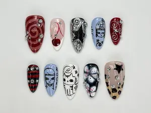 Grunge Cartoon Style Press On Nails | Red & Blue Mismatch Nails | Handpainted Edgy Punk Art | Funky Cartoon Press Ons| Handmade Nail|JC977HC