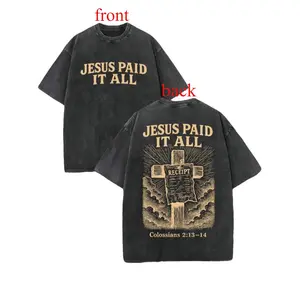 Retro Washed T-Shirt Double Sided Printed Cotton 'JESUS PAID IT ALL' Letter & Cross Pattern Christian Gift Men's Casual Comfortable Street Style Vintage Design Festive Crewneck Shortsleeve Crew Neck Short Sleeve T-Shirts