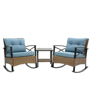 3 Piece Outdoor Rattan Rocking Chair Set,  Wicker Patio Furniture with Cushions, Hand-Woven Leisure Rockers for Porch, Garden, Balcony & Backyard，Blue