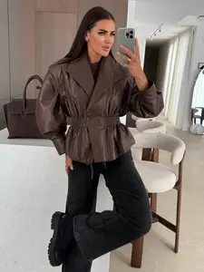 New Spring Summer Women's Fashion European Style Fake Leather Jacket, Stand Collar Lantern Sleeve Outerwear, Trendy Ladies' Coat