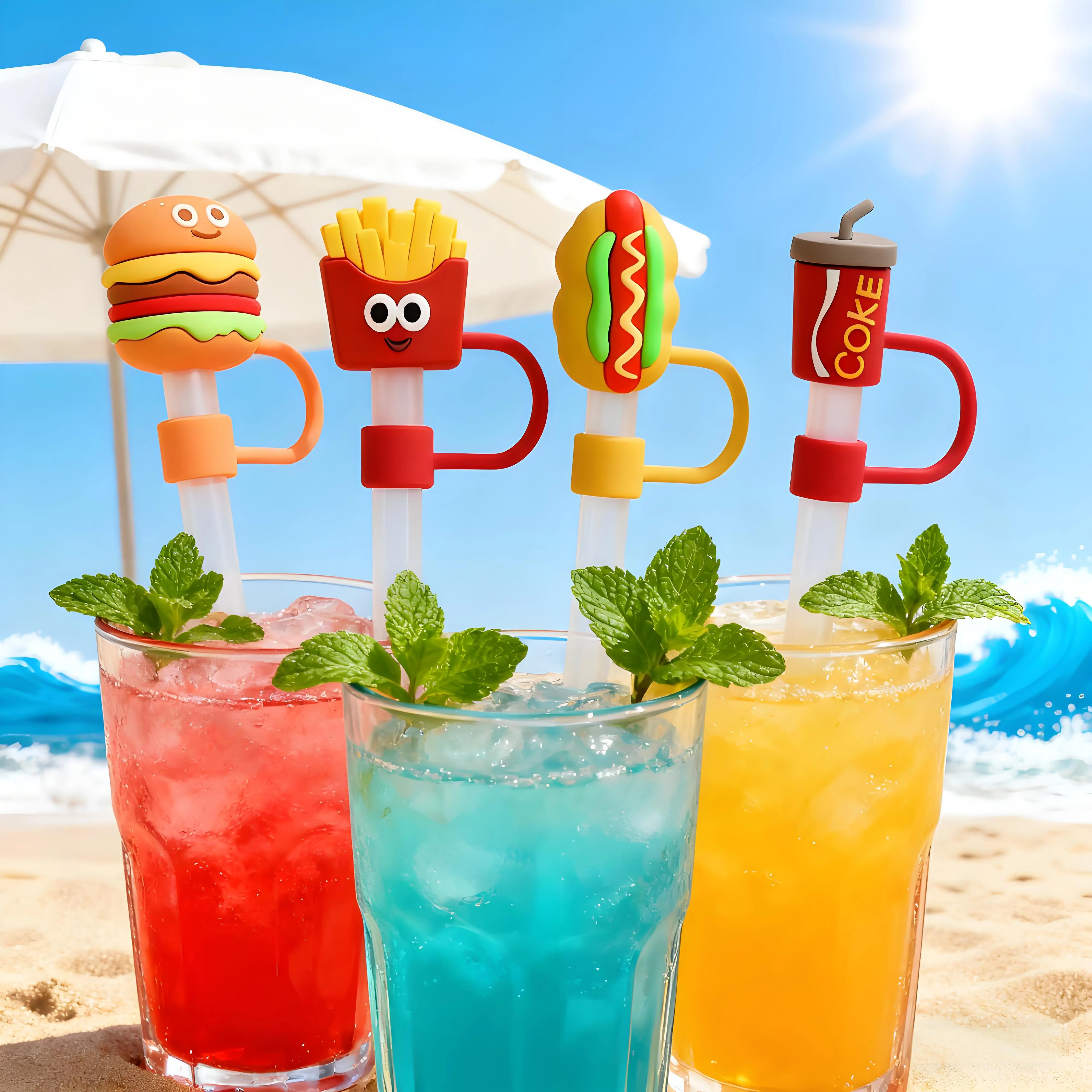 【Clearance Steal】Food-Themed Cup Dust Plug & Straw Cap 4 Pcs - Fun Cup Accessories