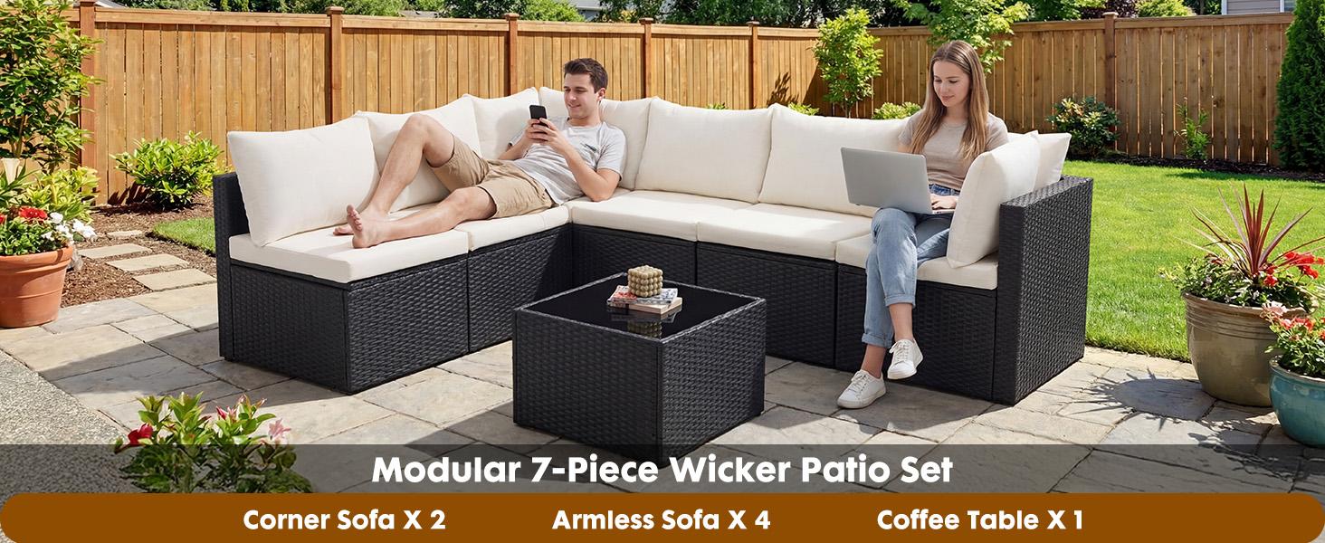 7 Piece Outdoor Patio Sectional Sofa, Modular Wicker Furniture Set with 2.8" Thick Cushions, Adjustable Feet, All-Weather Rattan Outdoor Couch for Backyard, Deck, Garden, Poolside