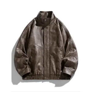 Men's Loose Fit Leather Jacket with Stand Collar, Motorcycle Style, Streetwear Essential Outerwear Coats for Spring & Fall Seasons