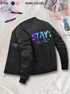 Trendy Fashionable Letter-Printed Baseball Jacket, Daily Casual Campus Wear, Casual Long-Sleeve Baseball Collar Coat, Stylish for Spring & Autumn, Women's Daily Wear